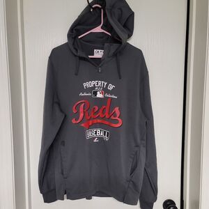 ~ mens grey Majestic mlb Cincinnati reds zip hoodie - size M